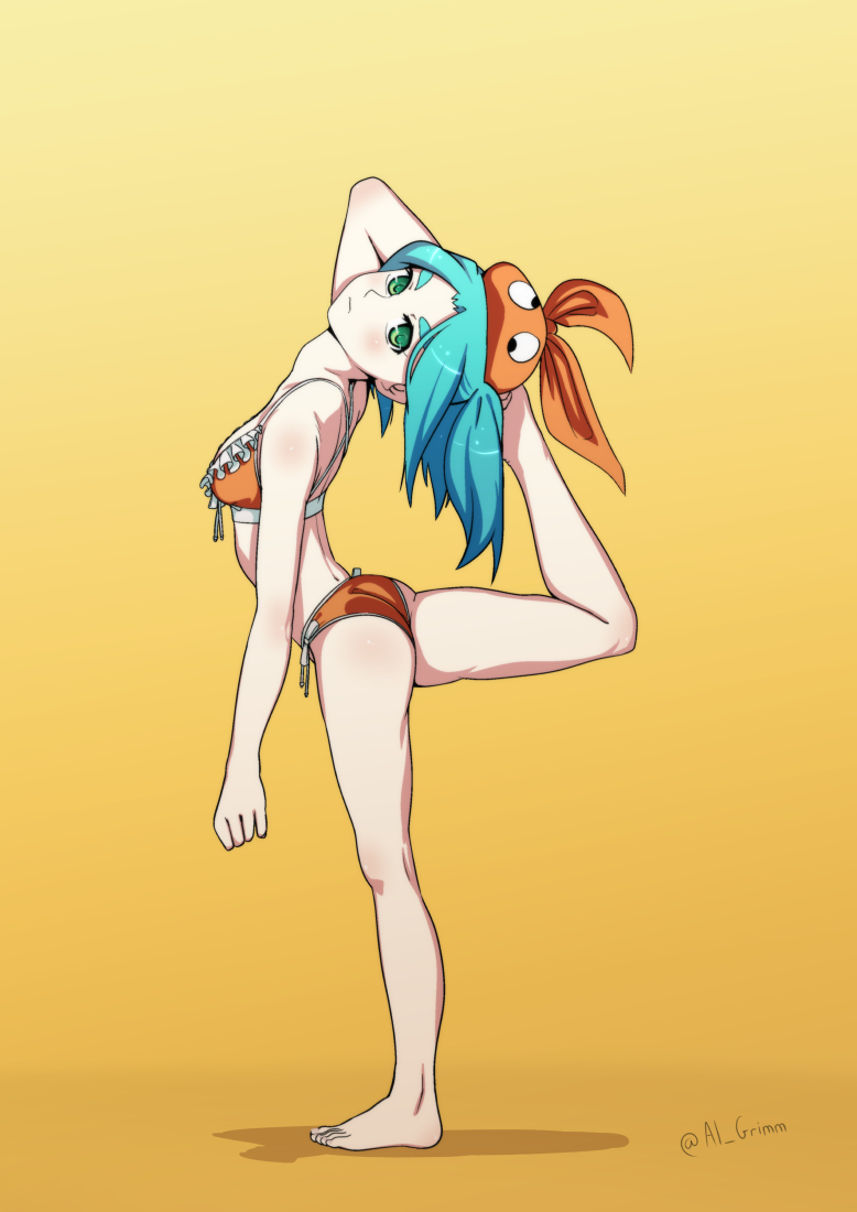 1girl, al_grimm, aqua_hair, ass, bare_shoulders, barefoot, blush, green_eyes