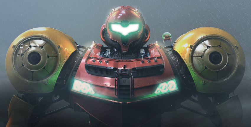 armor, bolt, creature, crossover, downscaled, gears, glowing, highres, legendary_pictures, lights, mark_van_haitsm, md5_mismatch, mecha, mechanical, mechanical_arm, metroid, metroid_(creature), nintendo, pacific_rim, rain, resized, robot, robot_joints, samus_aran, screw, smoke