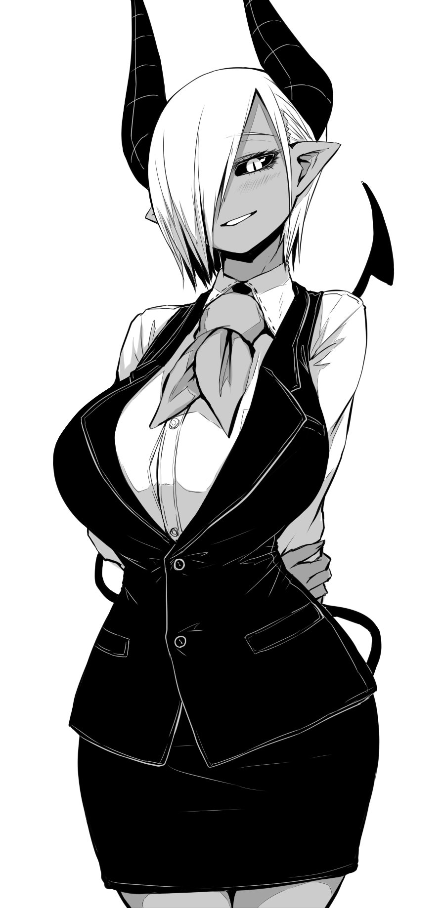 1girl, arms_behind_back, black_sclera, blush, breasts, collared_shirt, commentary_request, cowboy_shot