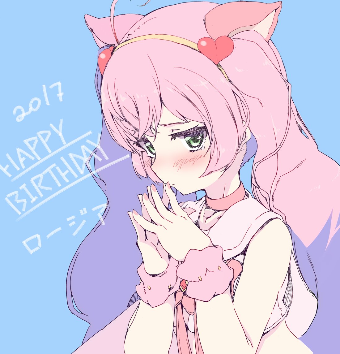 1girl, 2017, ahoge, animal_ears, bangs, bare_shoulders, blue_background, blush