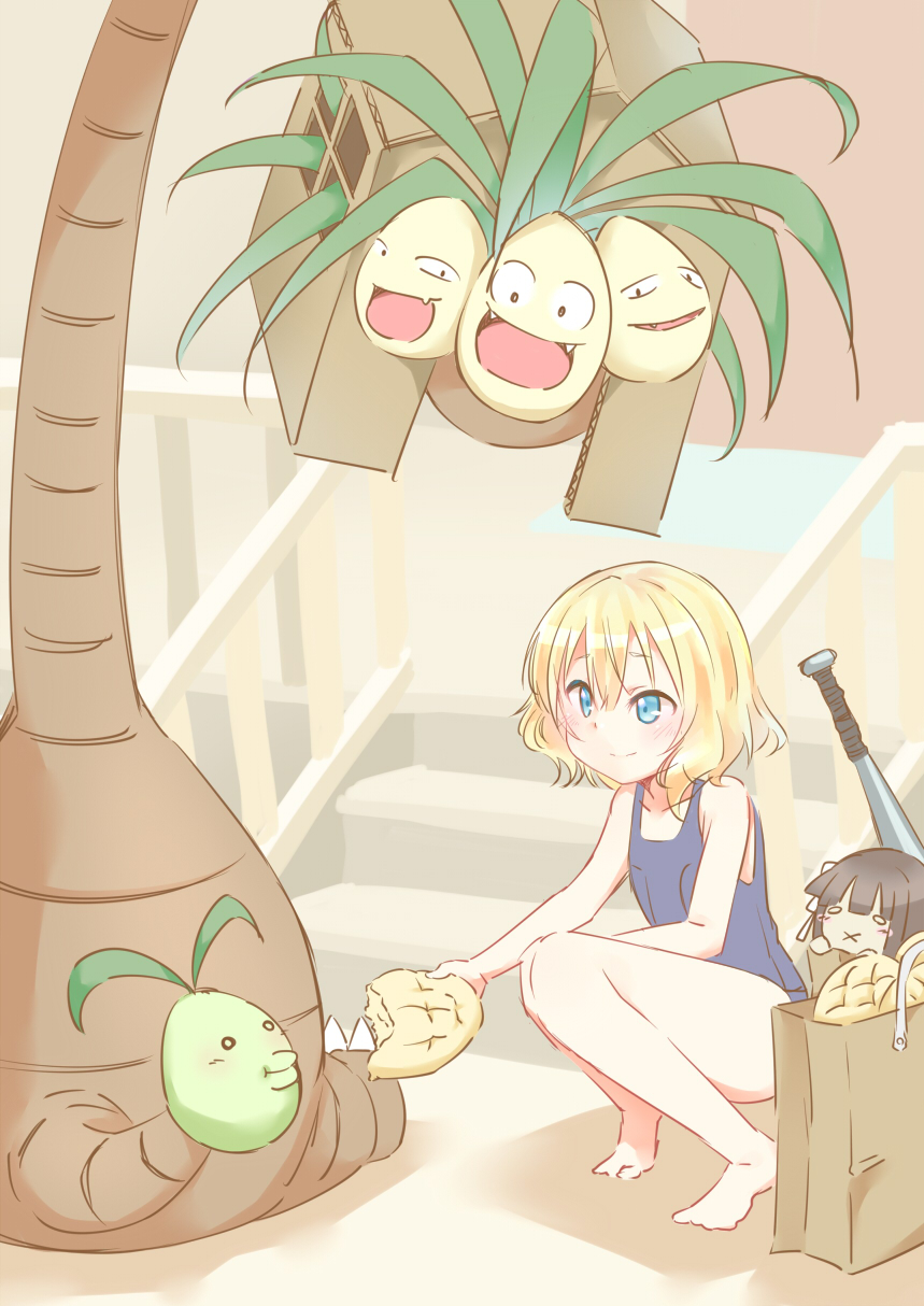 1girl, :x, alolan_exeggutor, aluminum_bat, bad_feet, bag, bangs, barefoot
