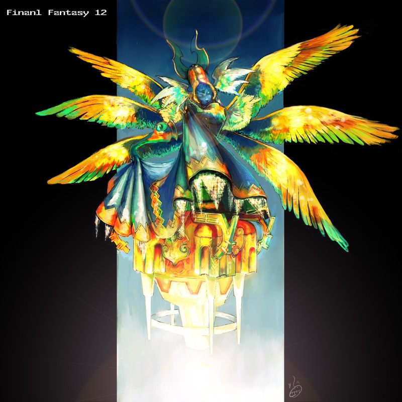 angel_wings, blue_skin, closed_eyes, dress, feathered_wings, final_fantasy, final_fantasy_xii, flying