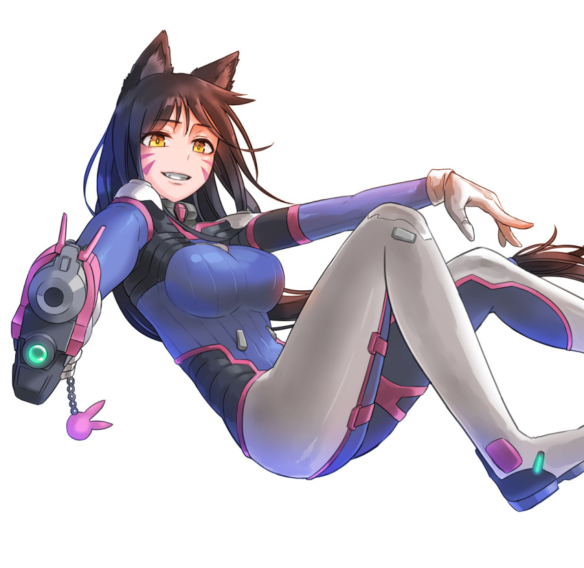 1girl, ahri, aiming_at_viewer, animal_ears, bangs, blue_bodysuit, bodysuit, breasts