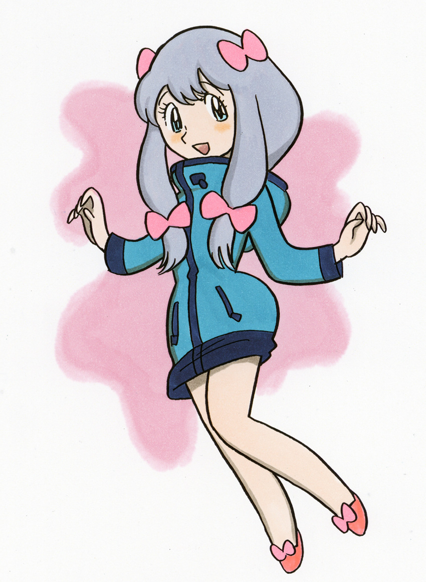 1girl, bangs, bent_knee, blue_eyes, blue_jacket, blush, bow, eromanga_sensei