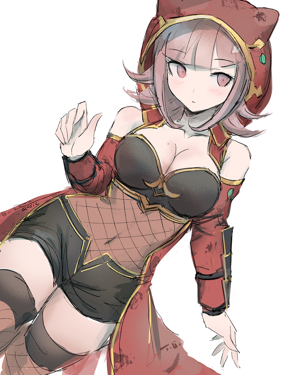 1girl, arm_guards, artist_name, bare_shoulders, blush, breasts, cleavage, collarbone