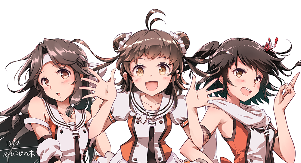 3girls, :d, :o, antenna_hair, armpits, bangs, bare_shoulders, black_neckwear