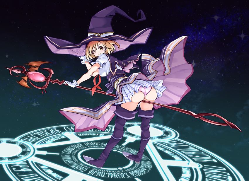 1girl, adjusting_clothes, adjusting_hat, ass, blonde_hair, boots, djeeta_(granblue_fantasy), gloves