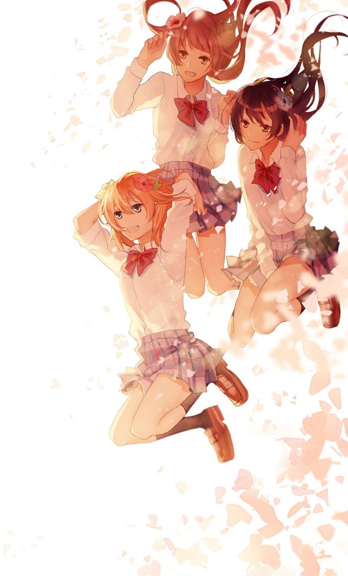 3girls, bangs, blue_eyes, blue_hair, commentary_request, dress_shirt, flower, grey_hair, hair_between_eyes, hair_flower, hair_ornament, jumping, kousaka_honoka, long_hair, love_live!, love_live!_school_idol_project, minami_kotori, multiple_girls, one_side_up, orange_hair, otonokizaka_school_uniform, pleated_skirt, pumpkin-crazy, red_neckwear, school_uniform, shirt, simple_background, skirt, skirt_tug, smile, sonoda_umi, striped_neckwear, white_shirt, yellow_eyes