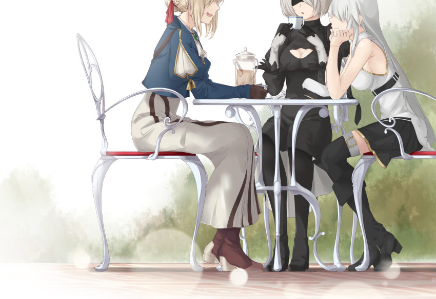 3girls, azur_lane, bare_shoulders, black_clothes, black_footwear, black_skirt, blonde_hair, blue_jacket