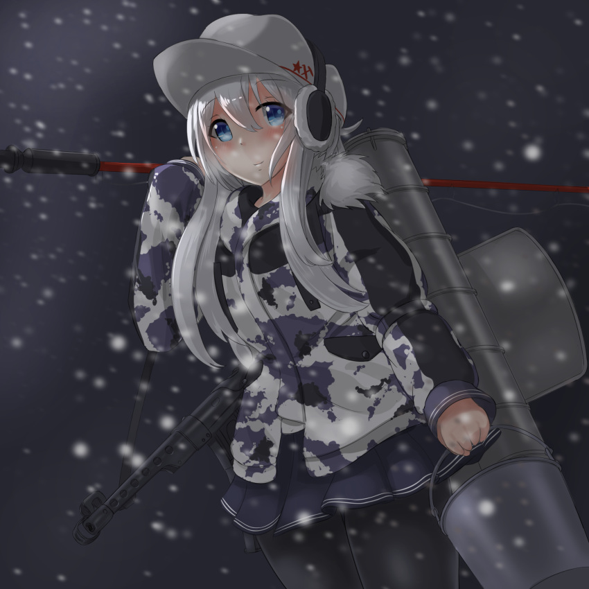 1girl, belt, black_legwear, black_skirt, blue_eyes, bucket, camouflage_jacket, earmuffs