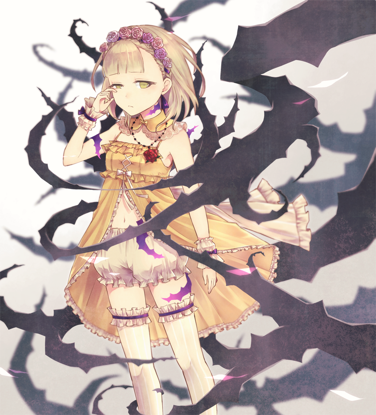 1girl, asuto_(rooftop), bangs, bare_arms, blonde_hair, bloomers, blunt_bangs, blurry, breasts, briar_rose_(sinoalice), depth_of_field, detached_collar, dress, feet_out_of_frame, flower, frilled_dress, frills, gradient, gradient_background, hair_flower, hair_ornament, hairband, half-closed_eye, jewelry, looking_at_viewer, navel, necklace, rose, rubbing_eyes, short_hair, sinoalice, sleepy, sleeveless, sleeveless_dress, small_breasts, solo, standing, striped, striped_legwear, thigh-highs, thorns, underwear, vertical-striped_legwear, vertical_stripes, white_legwear, wrist_cuffs, yellow_eyes