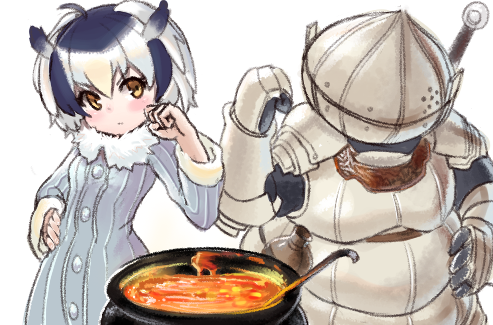1girl, armor, black_hair, cauldron, clenched_hand, coat, commentary, dark_souls