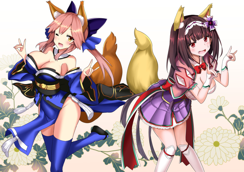 2girls, animal_ears, bare_shoulders, black_hair, blue_legwear, blush, bow, breasts