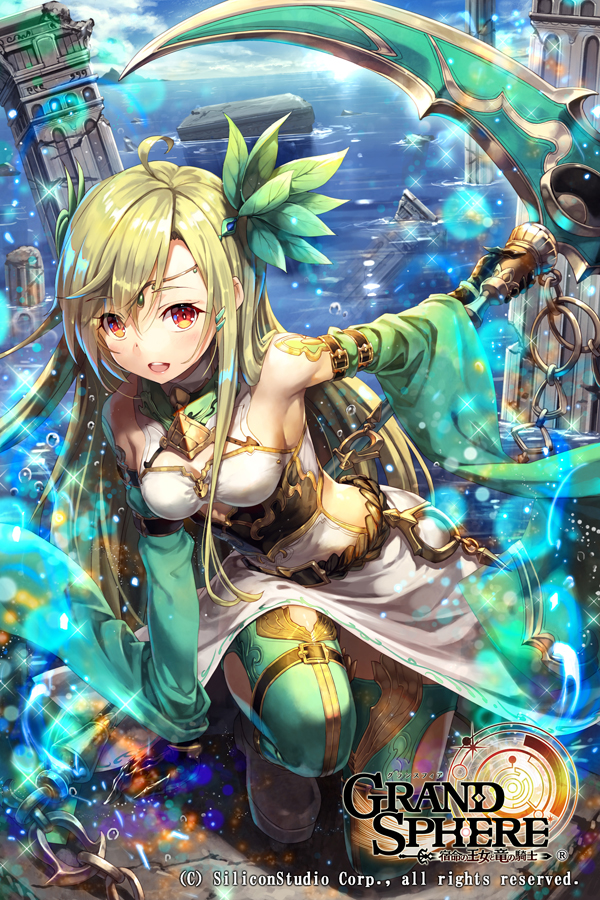 1girl, ahoge, arm_belt, arm_support, armpits, bangs, bare_shoulders, belt_buckle, black_gloves, blonde_hair, blue_sky, boots, breasts, brown_belt, bubble, buckle, chains, circlet, clouds, company_name, copyright_name, day, detached_sleeves, dress, eyebrows_visible_through_hair, full_body, gabiran, gem, gloves, grand_sphere, green_footwear, hair_between_eyes, hair_ornament, hairclip, holding, holding_scythe, holding_weapon, horizon, leaf, light_particles, long_hair, long_sleeves, looking_at_viewer, medium_breasts, ocean, official_art, one_knee, open_mouth, outdoors, outstretched_arm, pillar, red_eyes, rock, scythe, shiny, shiny_hair, sidelocks, sky, smile, solo, sparkle, straight_hair, sunlight, swept_bangs, thigh-highs, thigh_boots, thigh_strap, weapon, white_dress