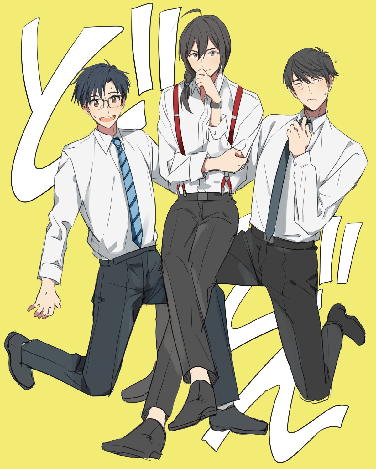 3boys, adjusting_clothes, adjusting_necktie, ahoge, black_hair, blue-framed_eyewear, blue_neckwear, eunram, highres, idolmaster, idolmaster_(classic), idolmaster_cinderella_girls, idolmaster_side-m, kneeling, legs_crossed, looking_at_viewer, male_focus, multiple_boys, necktie, ponytail, producer_(idolmaster_anime), producer_(idolmaster_cinderella_girls_anime), producer_(idolmaster_side-m_anime), simple_background, sitting, striped_neckwear, suspenders, yellow_background