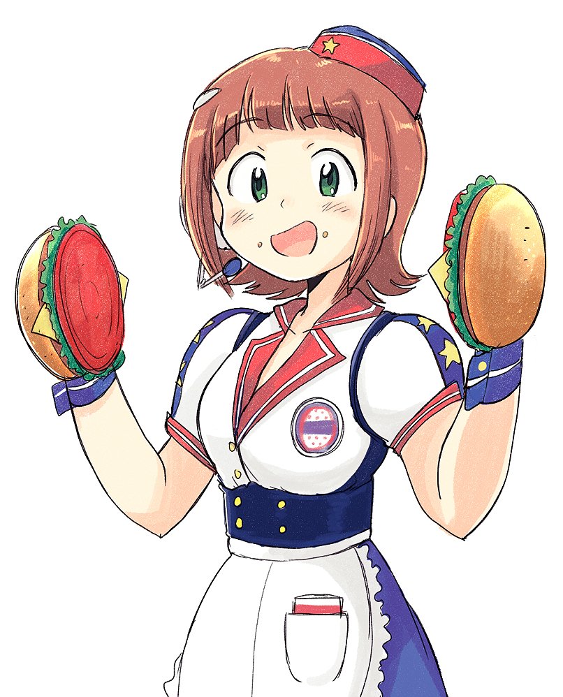 1girl, amami_haruka, apron, brown_hair, burger_skater_(idolmaster), food, food_on_face, gloves, green_eyes, hamburger, hat, headset, idolmaster, idolmaster_(classic), open_mouth, short_hair, sidelocks, simple_background, smile, tsubobot, waitress, white_background, wrist_cuffs