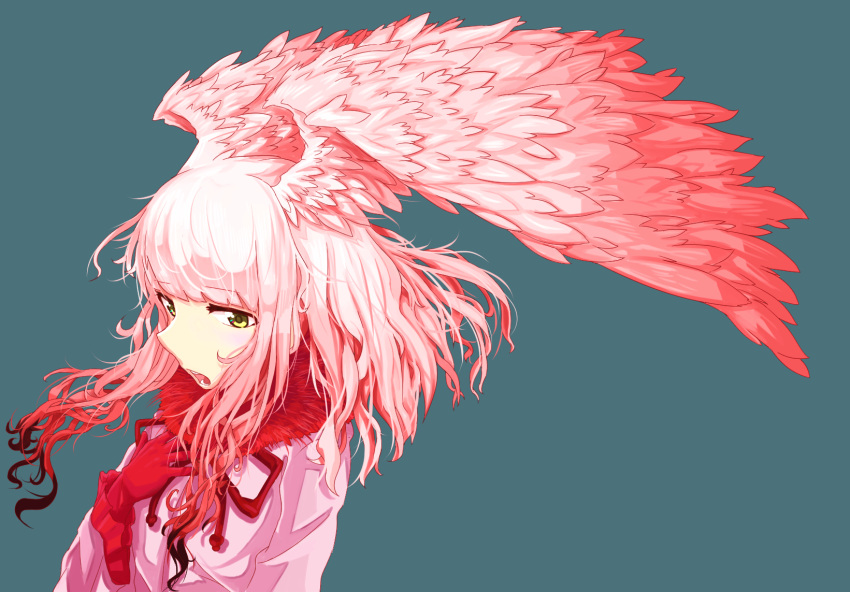 1girl, bangs, bird_wings, blue_background, darandy, eyebrows_visible_through_hair, frilled_sleeves, frills