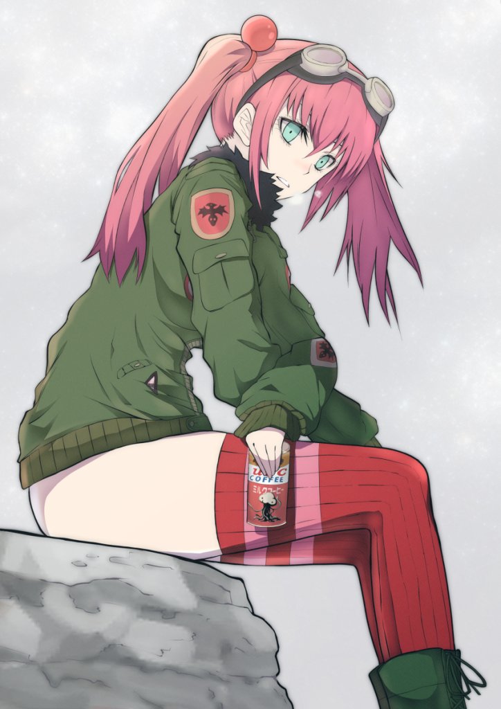 1girl, alternate_costume, aqua_eyes, artist_request, beads, boots, can, canned_coffee, coat, goggles, goggles_on_head, green_coat, green_jacket, hair_beads, hair_ornament, jacket, long_hair, looking_at_viewer, mars_people, metal_slug, metal_slug_attack, no_pants, nova_(metal_slug), pink_hair, red_legwear, sitting, sitting_on_rock, solo, thigh-highs, twintails