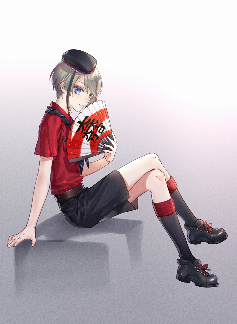 1boy, belt, beret, black_footwear, black_hat, black_legwear, black_shorts, blue_eyes