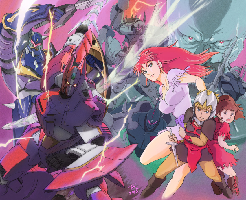 2boys, 2girls, highres, hilmuka, kikou-kai_galient, kujira_gunsou, mecha, millipen_(medium), multiple_boys, multiple_girls, oldschool, robot, traditional_media
