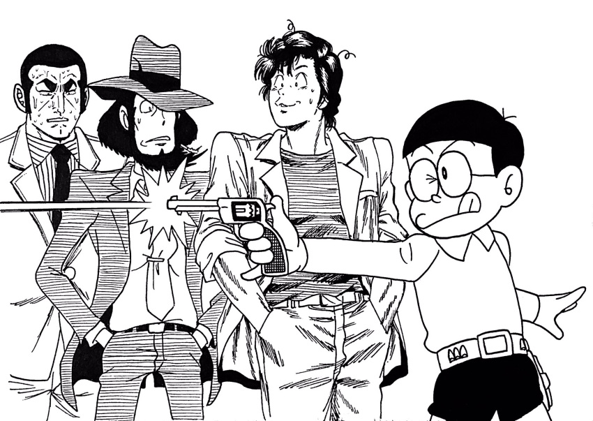 4boys, beard, belt, city_hunter, commentary, crossover, doraemon, duke_tougou, facial_hair, formal, glasses, golgo_13, gun, handgun, hands_in_pockets, hat, highres, ink_(medium), jigen_daisuke, lee_(dragon_garou), long_sleeves, lupin_iii, male_focus, multiple_boys, multiple_crossover, nobi_nobita, pistol, saeba_ryou, shorts, suit, sweat, sweating_profusely, traditional_media, trait_connection, weapon