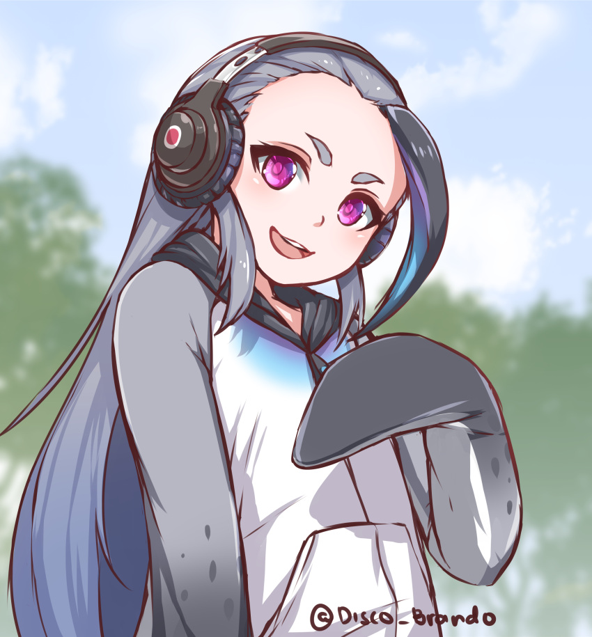 1girl, :d, blue_sky, blurry, blurry_background, blush, clouds, day