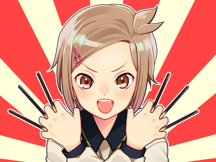 1boy, blush, brown_eyes, brown_hair, food, hair_ornament, hairclip, houchou_toushirou