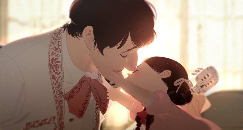 1boy, 1girl, coco_(disney), father_and_daughter, guitar, hector_(coco), instrument, mama_coco