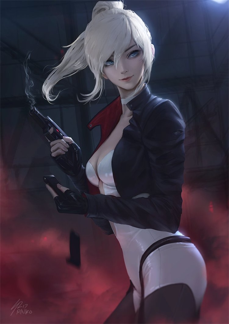 1girl, blue_eyes, breasts, choker, cleavage, cropped_jacket, fingerless_gloves, gloves, gun, handgun, indoors, leotard, lips, long_hair, looking_to_the_side, magazine_(weapon), medium_breasts, motion_blur, original, ponytail, raikoart, science_fiction, signature, smile, solo, spy, tess_(raikoart), weapon
