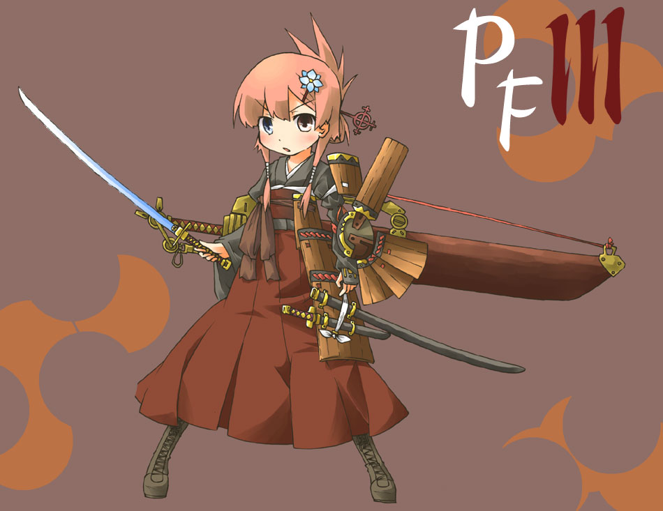 ara_ta, bad_id, blue_eyes, hair_ornament, hairclip, heterochromia, huge_weapon, pixiv