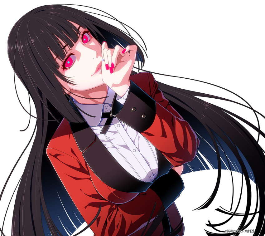 1girl, black_hair, black_ribbon, breasts, dress_shirt, floating_hair, gloves, highres