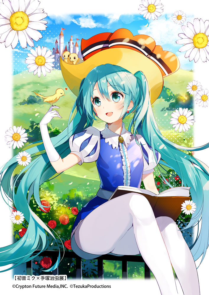 1girl, aqua_eyes, aqua_hair, bird, bird_on_finger, book, castle, clouds, earrings, elbow_gloves, flower, gloves, hat, hatsune_miku, jewelry, long_hair, open_mouth, outdoors, pantyhose, rose, sitting, sky, solo, twintails, very_long_hair, vocaloid, white_gloves, white_legwear, yuzuki_kihiro