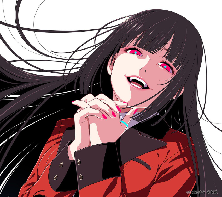 1girl, black_hair, floating_hair, head_tilt, highres, jabami_yumeko, jacket, jewelry