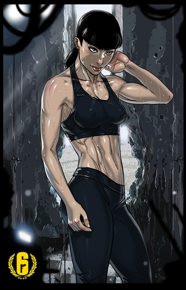 1girl, black_hair, breasts, collarbone, erect_nipples, ganassa, long_hair, low_ponytail, medium_breasts, midriff, navel, rainbow_six_siege, solo, spandex, sports_bra, sweat, toned, twitch_(rainbow_six_siege)