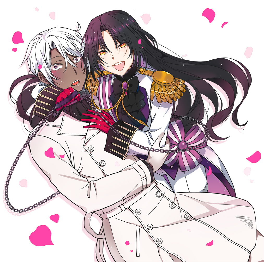 1boy, 1girl, bow, bowtie, chains, collar, dark_skin, dominique_de_sade