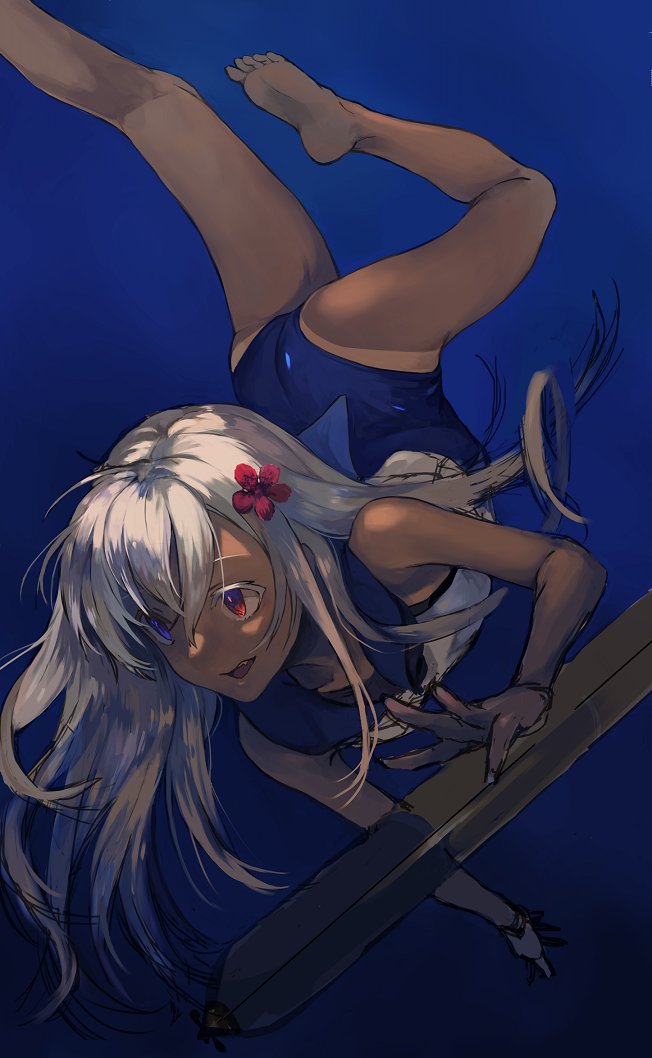 1girl, alternate_hair_color, barefoot, blonde_hair, commentary_request, crop_top, fang, flower
