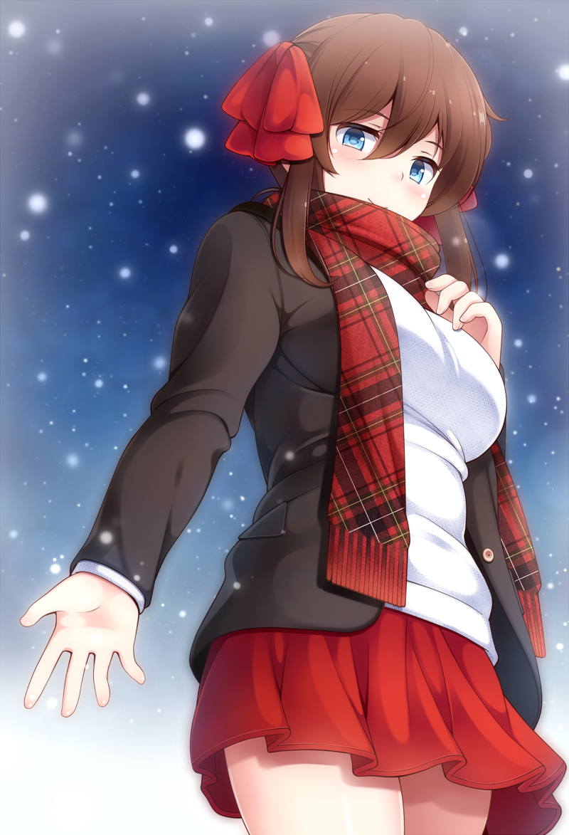 1girl, bangs, black_jacket, blazer, blue_eyes, breasts, breath, brown_hair