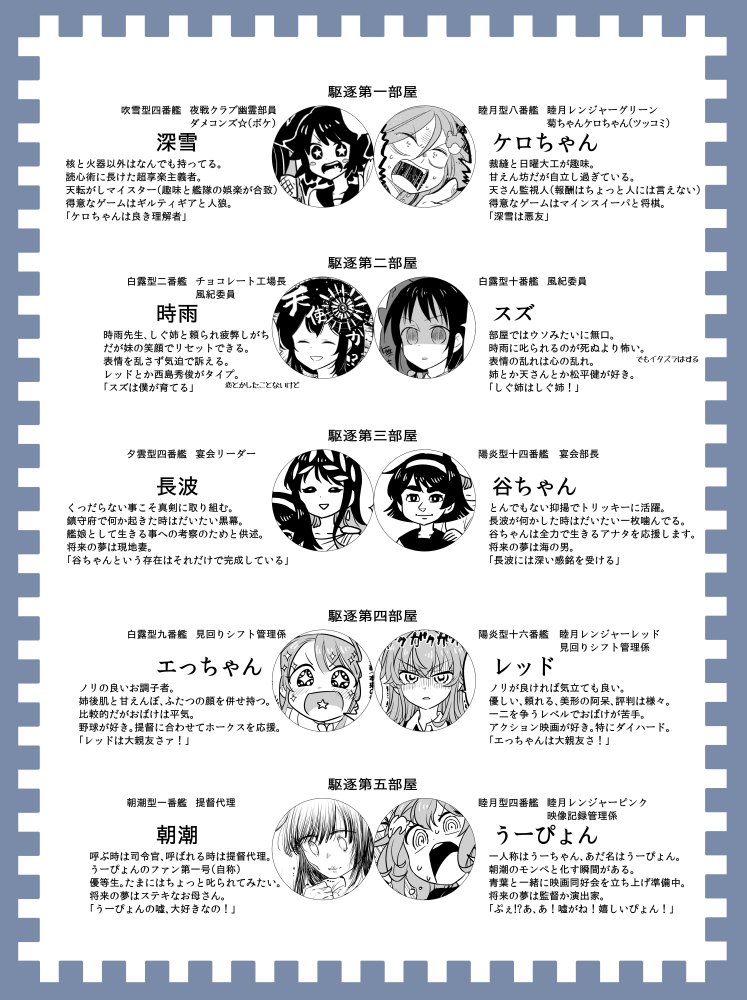6+girls, :d, arashi_(kantai_collection), asashio_(kantai_collection), blush_stickers, border, closed_eyes, collar