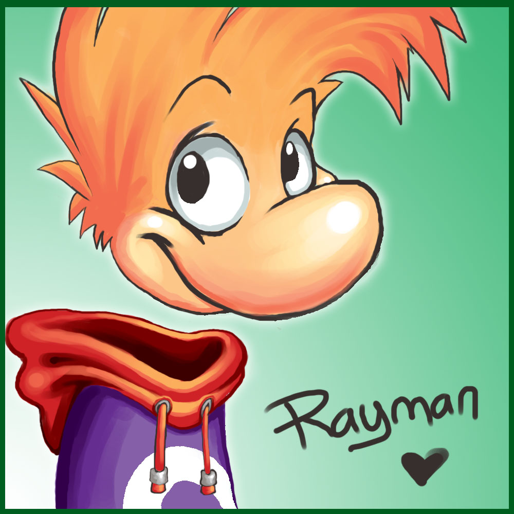 1boy, atomicray, character_name, deviantart, green_background, heart, jacket, looking_at_viewer, rayman, rayman_(character), scarf, smile, solo, ubisoft