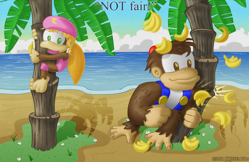 1boy, 1girl, animal, banana, beach, blonde_hair, brown_eyes, button, chunky_kong, clouds, deviantart, dixie_kong, donkey_kong_(series), flower, fruit, gorilla, grass, green_eyes, hat, jacket, kjsteroids, monkey, nintendo, no_humans, palmtree, pink_shirt, rareware, sand, sky, twintails, water, white_shirt