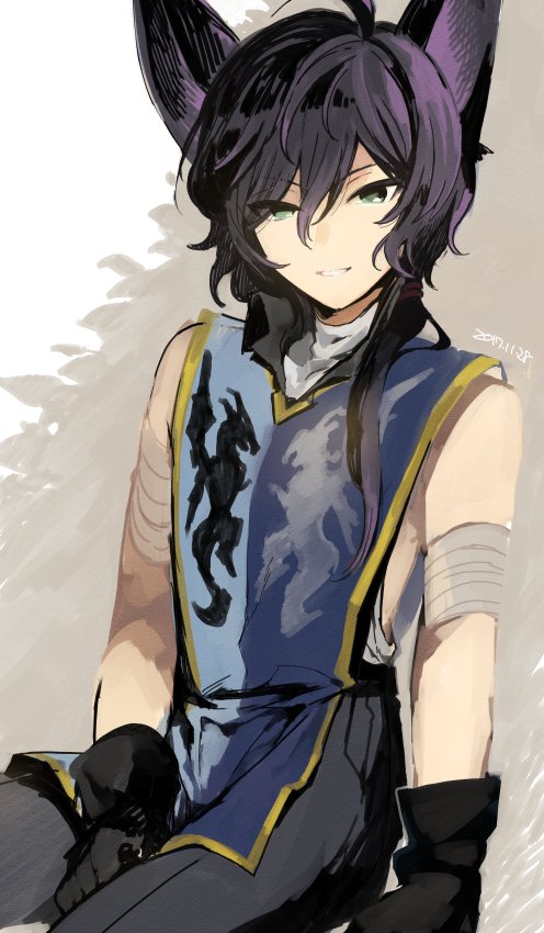 1boy, animal_ears, black_gloves, black_hair, dated, erun_(granblue_fantasy), gloves, granblue_fantasy