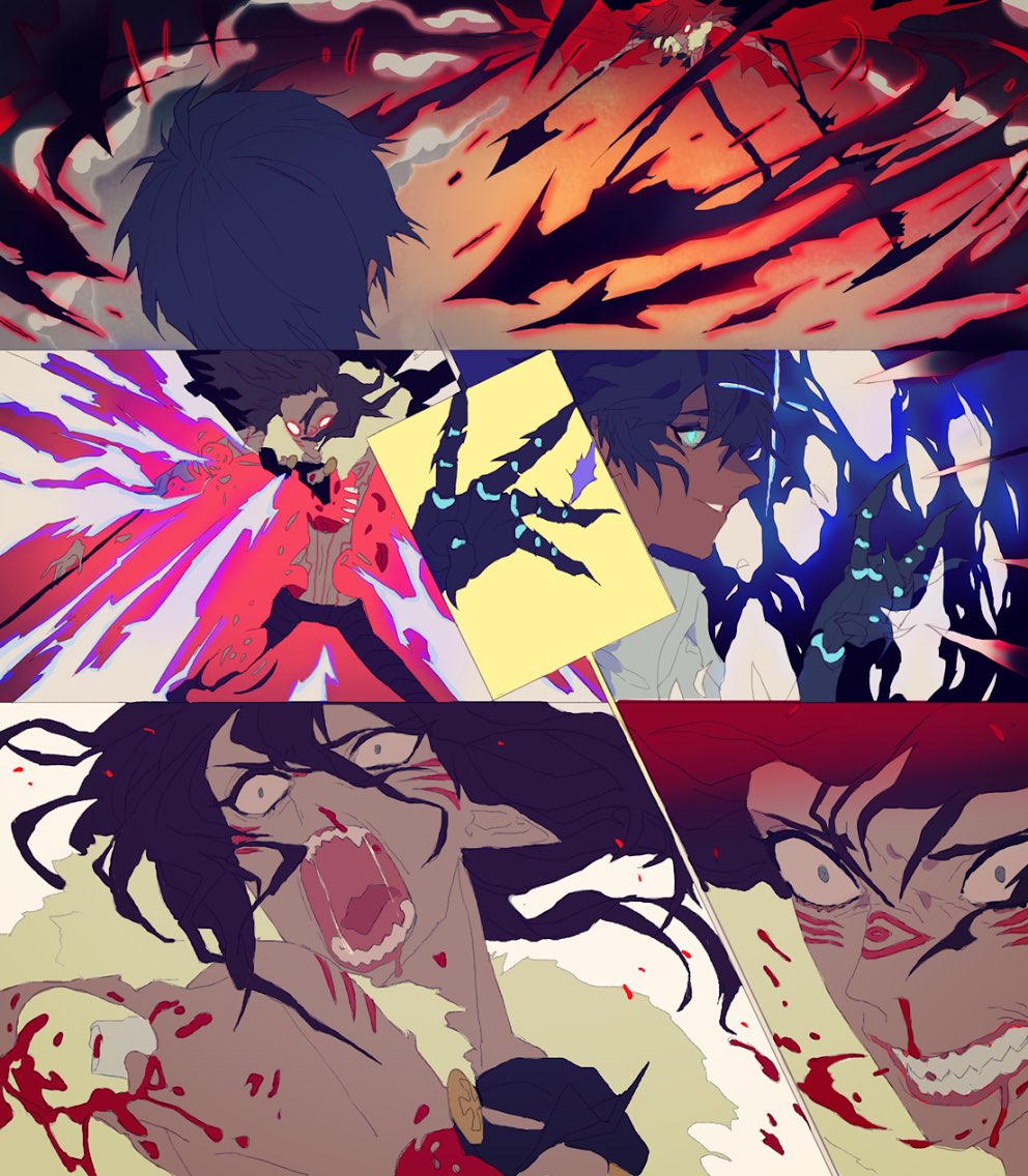 2boys, angry, black_hair, blood, blue_eyes, body_markings, bone, clenched_teeth