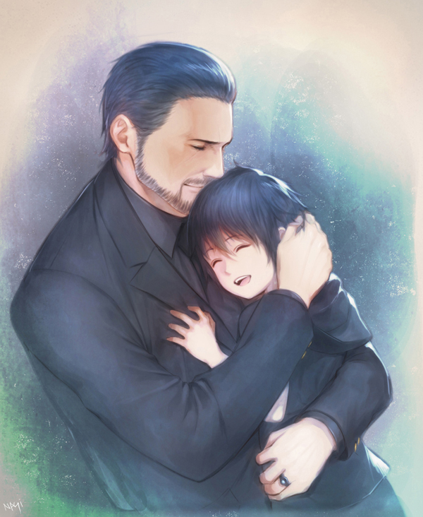 2boys, beard, black_clothes, black_hair, child, facial_hair, father_and_son, final_fantasy