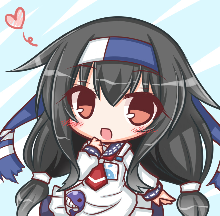 1girl, :d, alternate_hairstyle, apron, bangs, black_hair, blue_skirt, blush