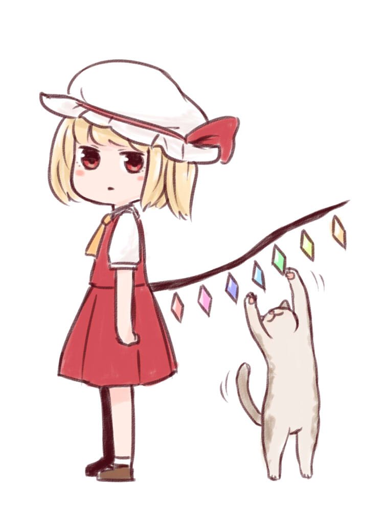 1girl, batta_(ijigen_debris), blush_stickers, brown_footwear, cat, closed_mouth, commentary_request, flandre_scarlet