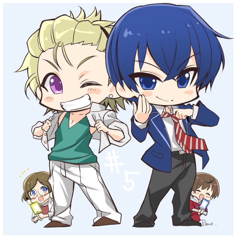 2boys, 2girls, blonde_hair, blue_eyes, blue_hair, chibi, dorifesu!, episode_number, grin, multiple_boys, multiple_girls, oikawa_shin, sasaki_junya, smile, violet_eyes