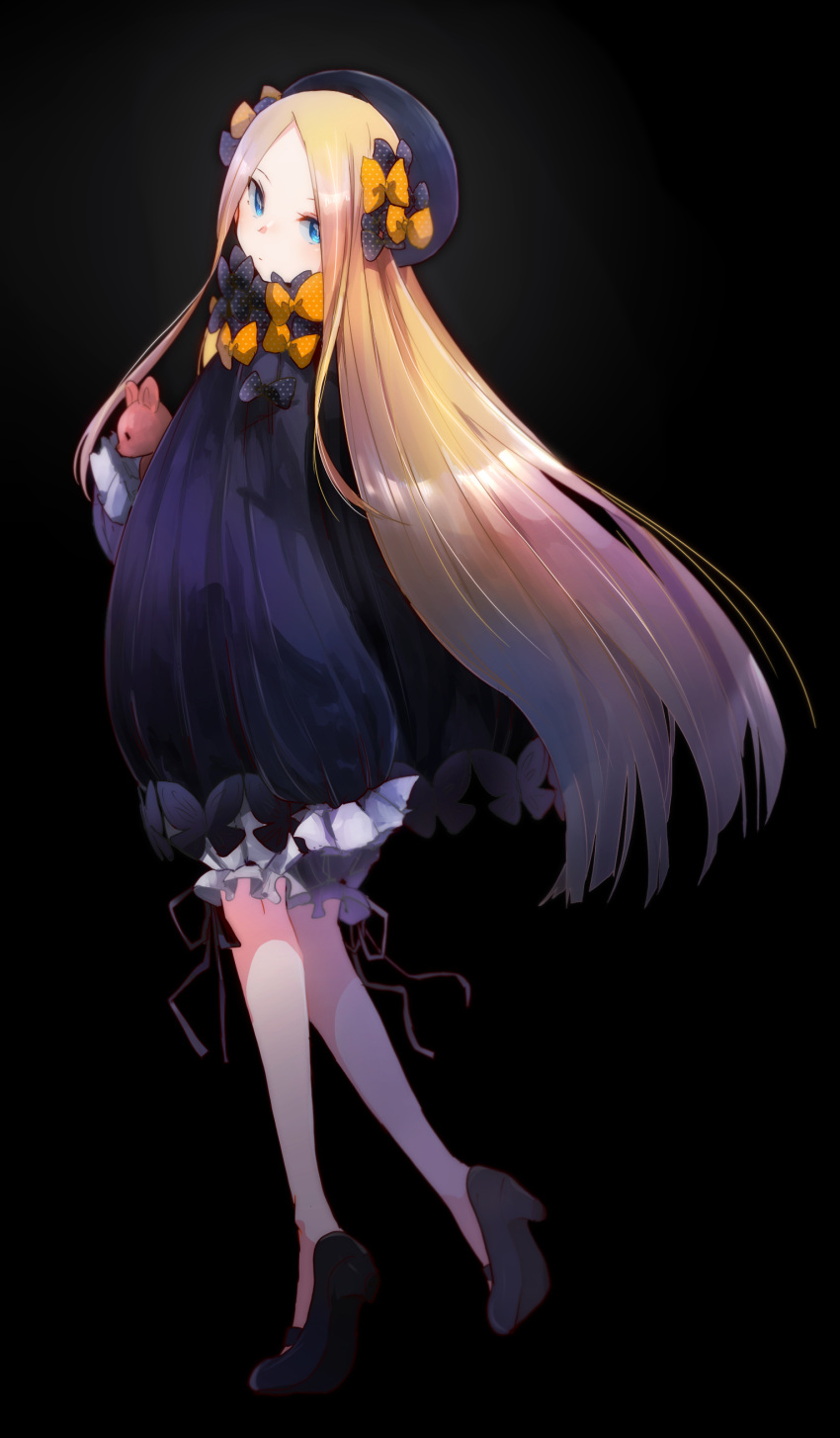 1girl, abigail_williams_(fate/grand_order), absurdres, bangs, black_background, black_bow, black_dress, black_footwear