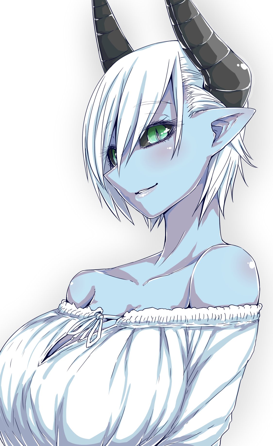 1girl, bare_shoulders, black_sclera, blue_skin, blush, breasts, cleavage, collarbone