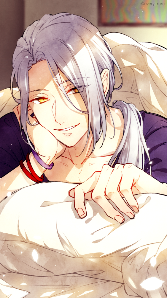 1boy, a3!, eyes_visible_through_hair, hair_over_one_eye, long_hair, lying, male_focus, on_stomach, parted_lips, pillow, ponytail, pov, silver_hair, solo, twitter_username, under_covers, white_hair, yellow_eyes, yukishiro_azuma