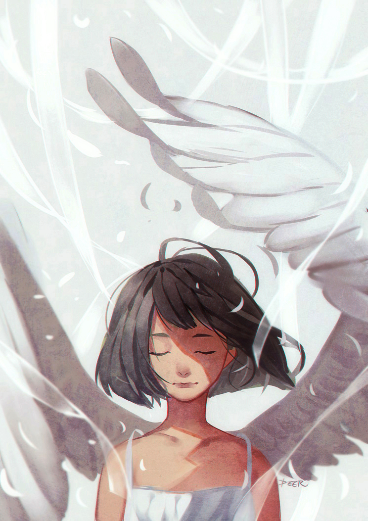 1girl, angel, angel_wings, artist_name, black_hair, closed_eyes, closed_mouth, deer_(deer423-81)